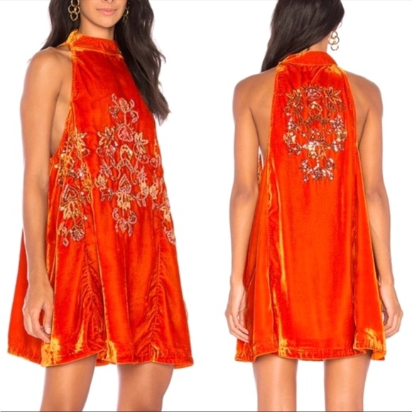 Free People Dresses & Skirts - FREE PEOPLE orange velvet sequins swing dress